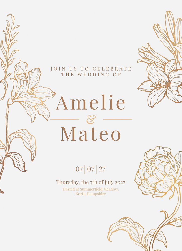 Floral wedding invitation card template, editable text psd
