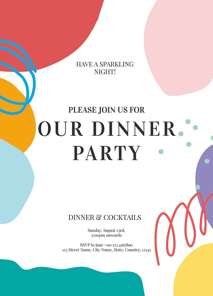 Dinner party invitation card template, editable text vector