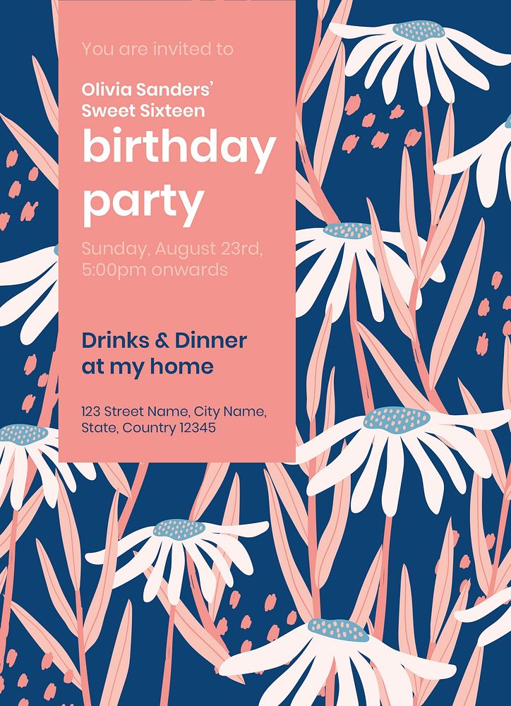 Birthday party invitation card template, editable text psd