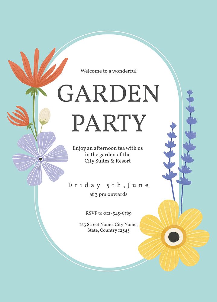 Garden party invitation card template, editable text vector