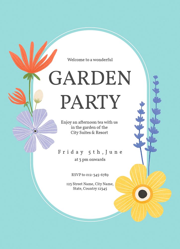 Garden party invitation card template, editable text psd