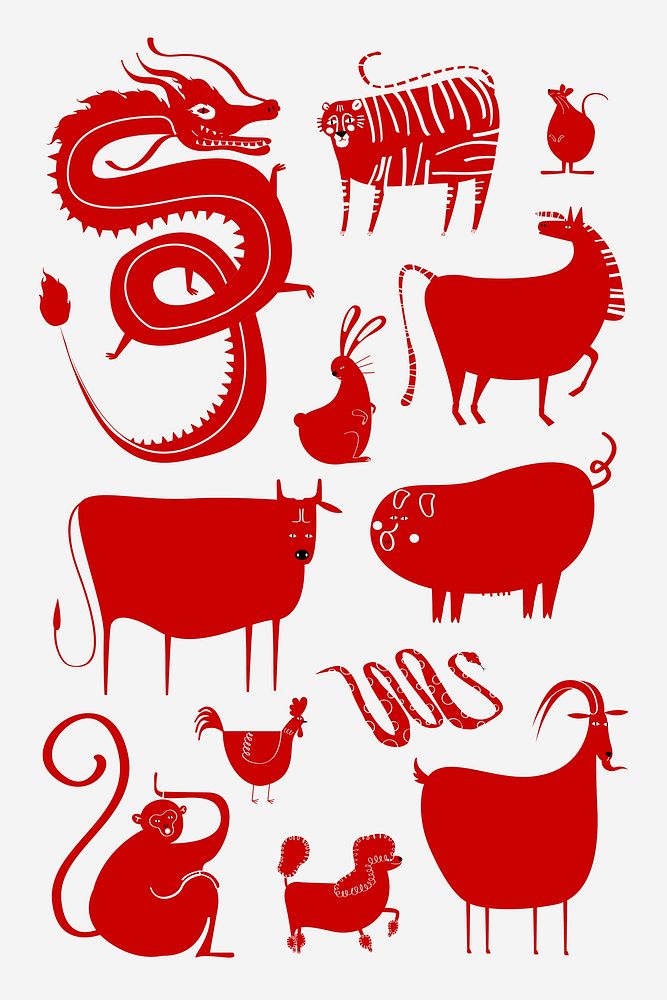 Traditional Chinese zodiac signs vector cute animal illustration collection