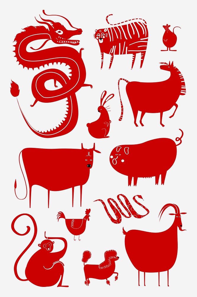 Traditional Chinese zodiac signs psd cute animal illustration collection