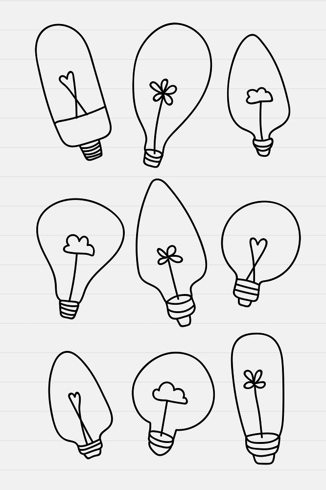 Doodle light bulb set psd in minimal style