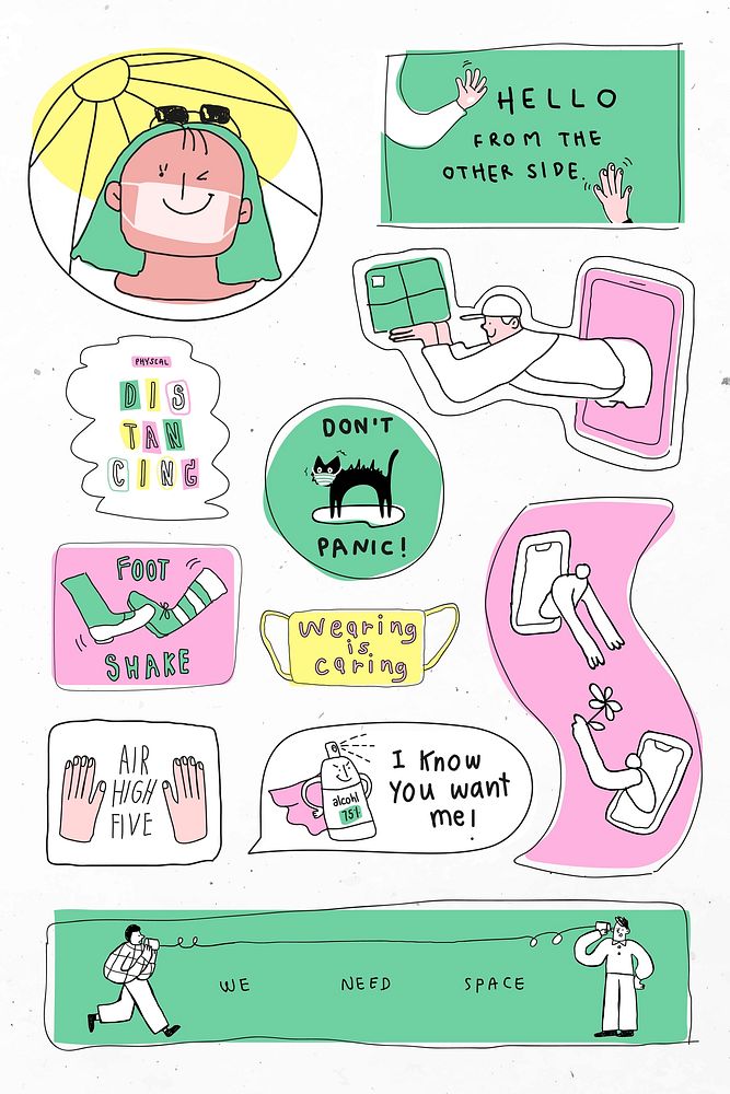 COVID-19 new normal lifestyle vector cute doodle sticker collection