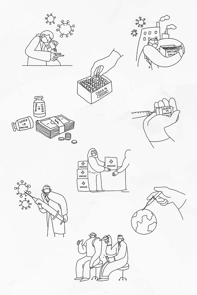 Covid 19 vaccine study psd doodles illustration