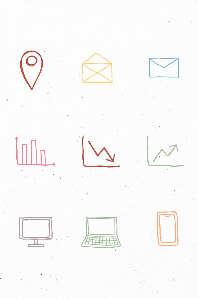 Colorful business icons psd with doodle art design set