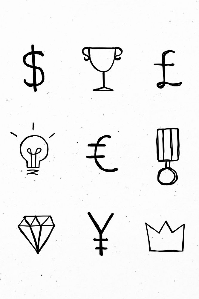 Black psd currency symbols icons doodle set