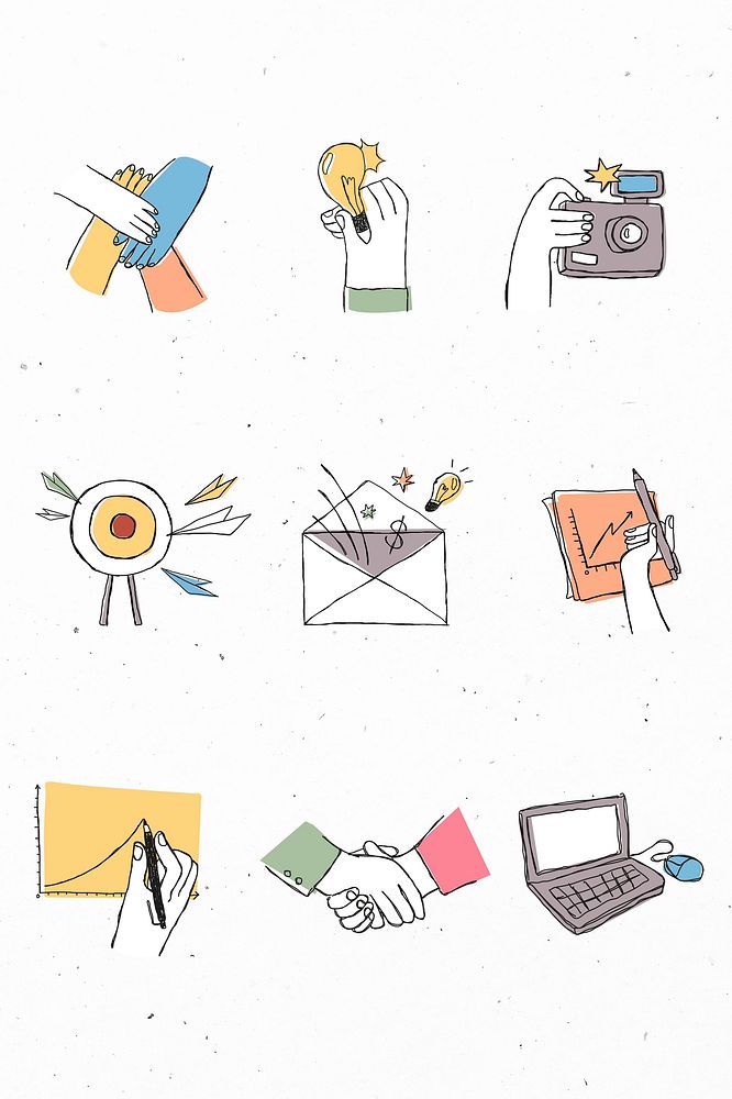 Colorful teamwork icons psd with doodle art design set