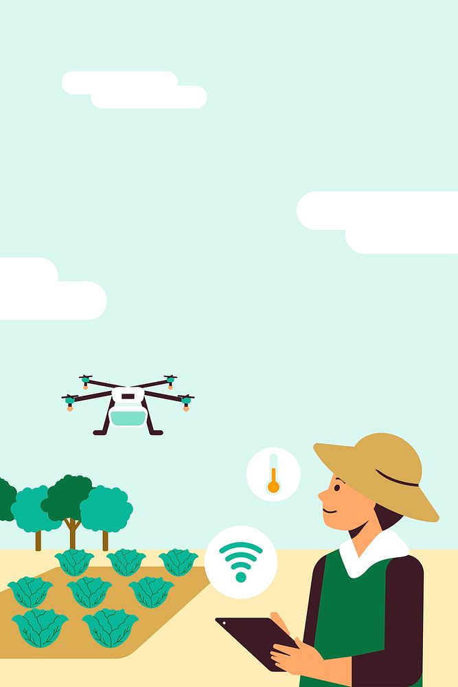 Farmer controlling agricultural drone psd with a tablet digital farming