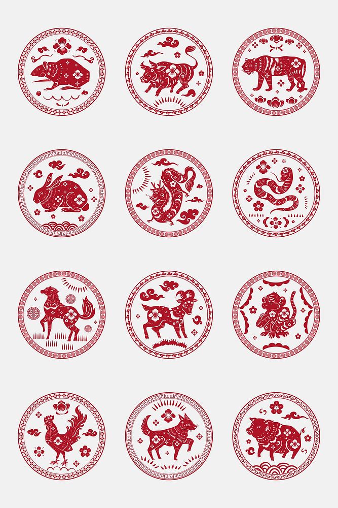 Chinese animal zodiac badges vector red new year design elements set