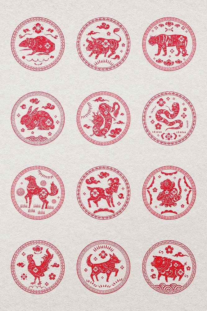 Chinese animal zodiac badges psd red new year design elements set