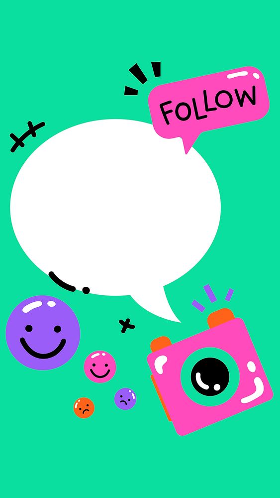 Round speech bubble on bright green background with camera and emoticons
