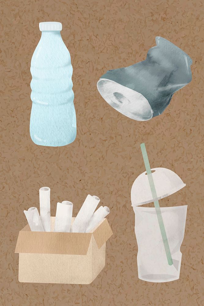 Recyclable trash vector in watercolor design element set