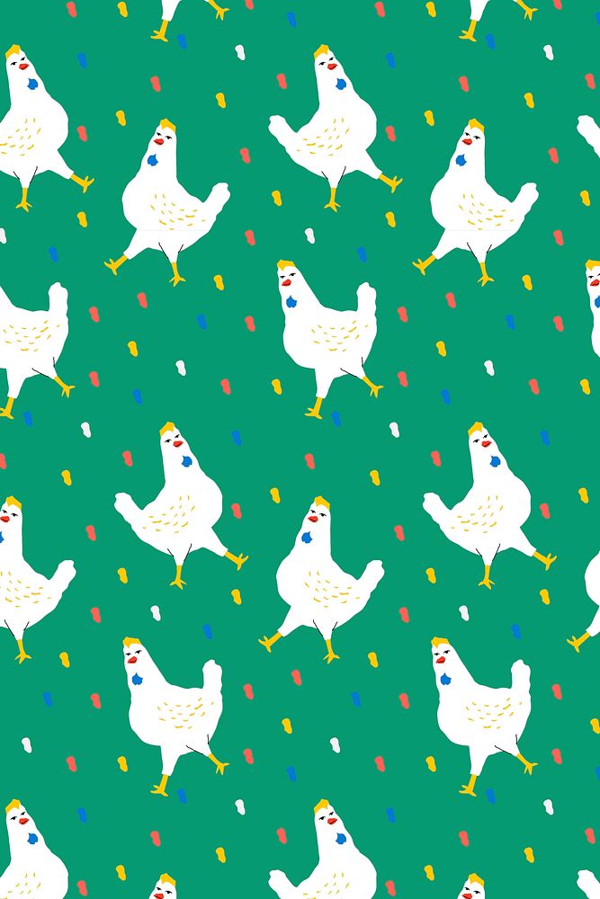 Pattern vector cute chicken on green background