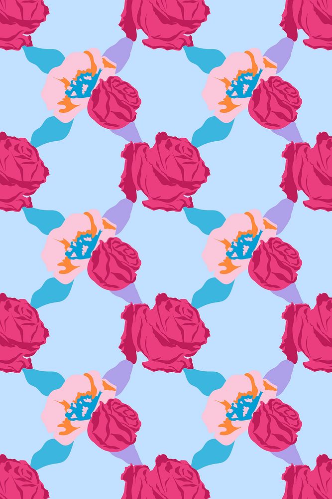 Pink cute floral pattern with roses blue background