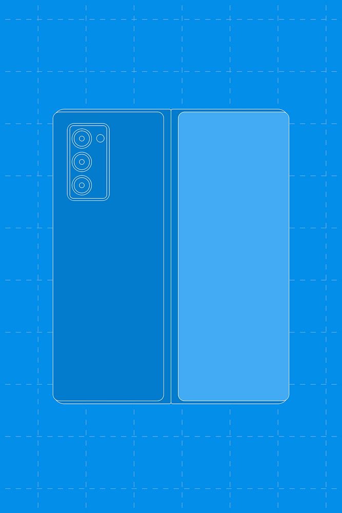 Blue foldable phone, rear camera, flip phone illustration
