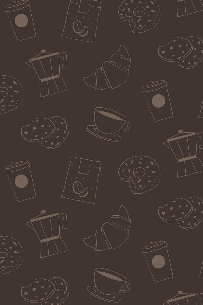 Cute cafe pattern background in dark brown, phone wallpaper