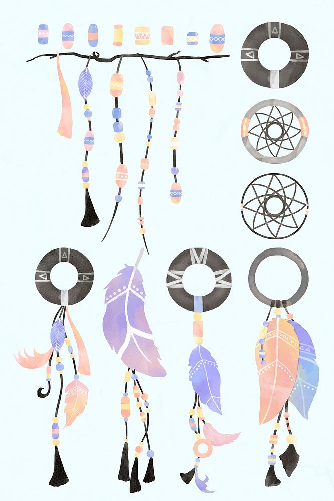 Pastel boho bead and dreamcatcher watercolor set