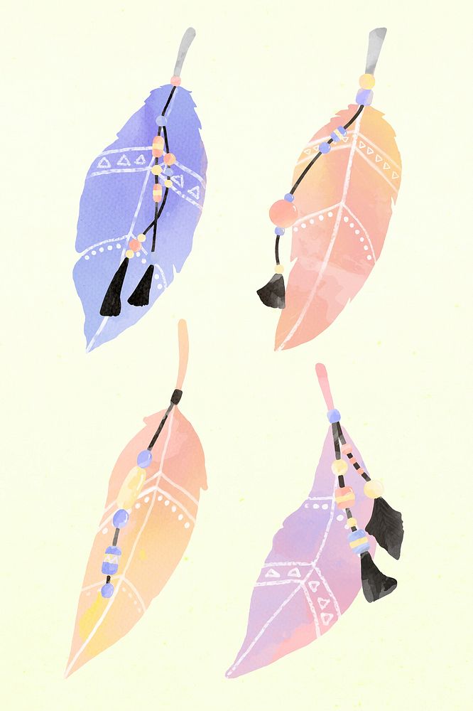 Pastel bohemian feather illustration set