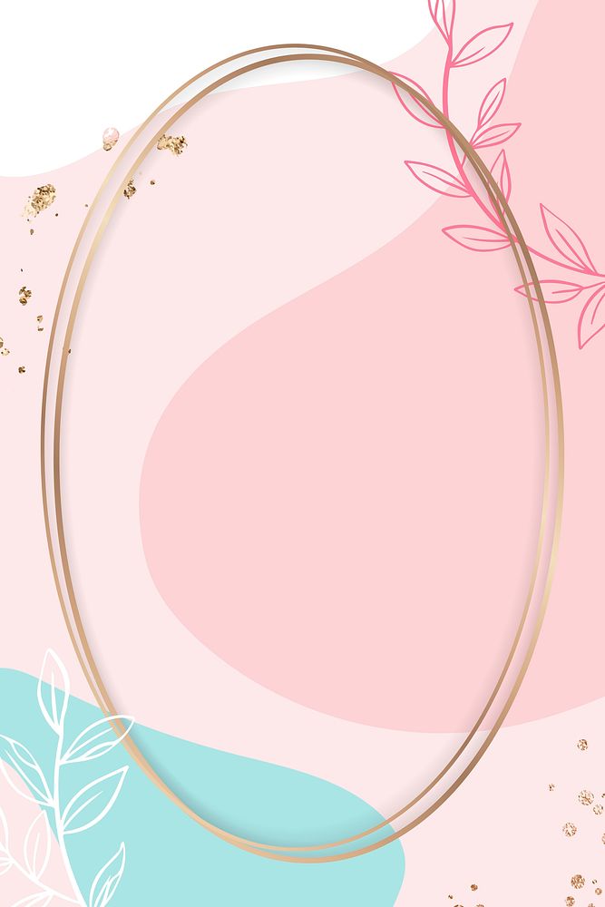 Oval frame in Memphis style with cute pink leaves
