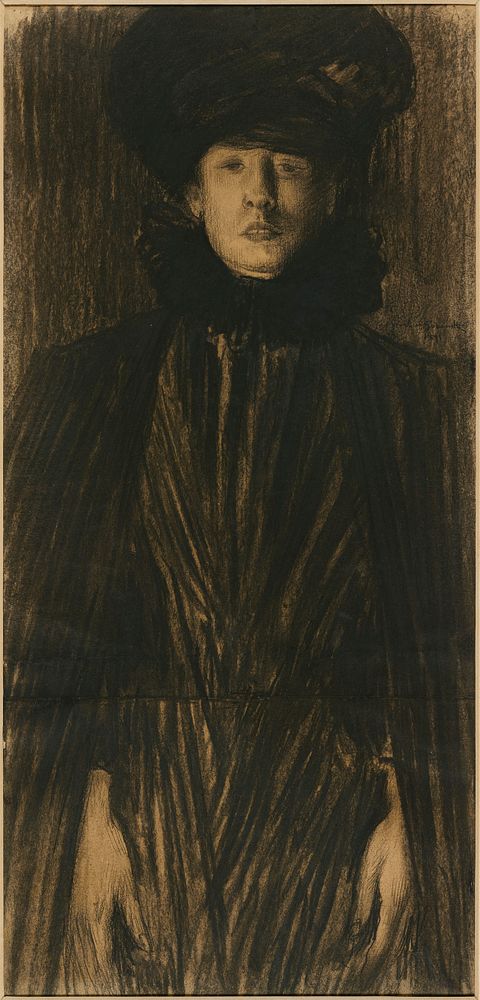 3/4 length view of a standing woman wearing a large lozenge-shaped black hat, black cloak, and black dress with wide ruffled…