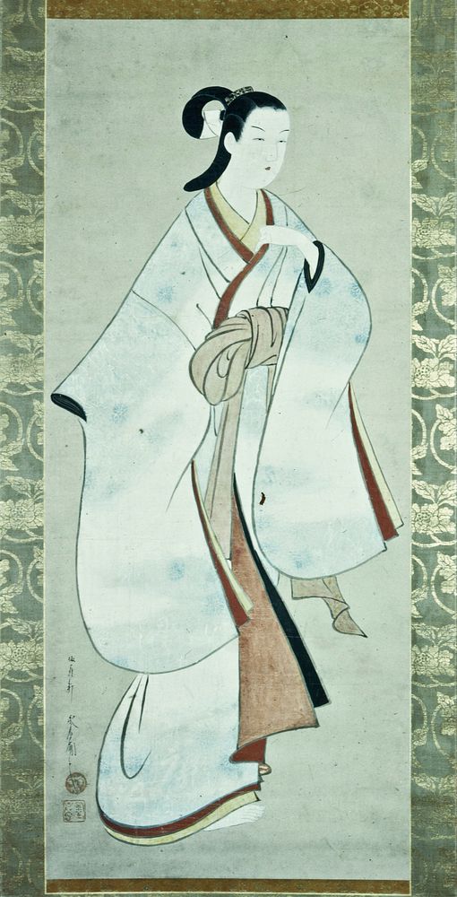 Standing prostitute wearing a kimono decorated with chrysanthemums and calligraphy. Original from the Minneapolis Institute…