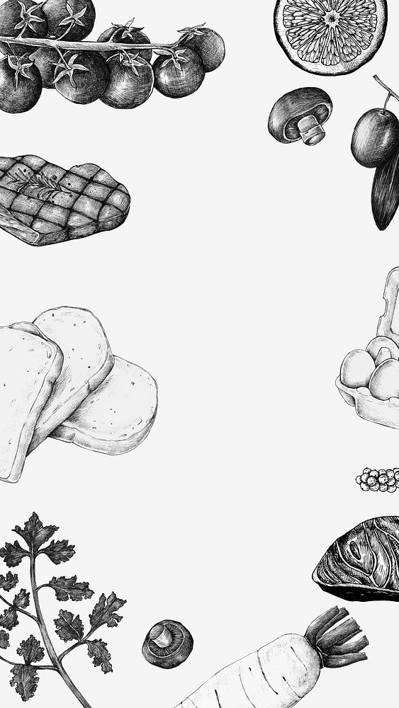 Food frame mobile wallpaper, monotone food illustration