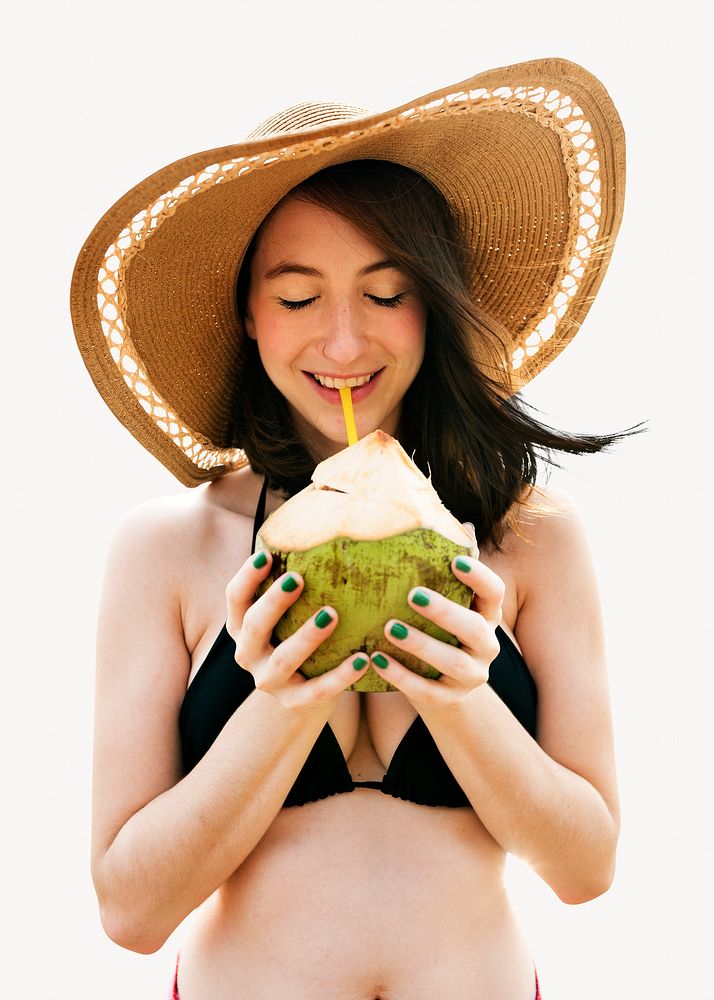 Woman drinking coconut juice, off white design