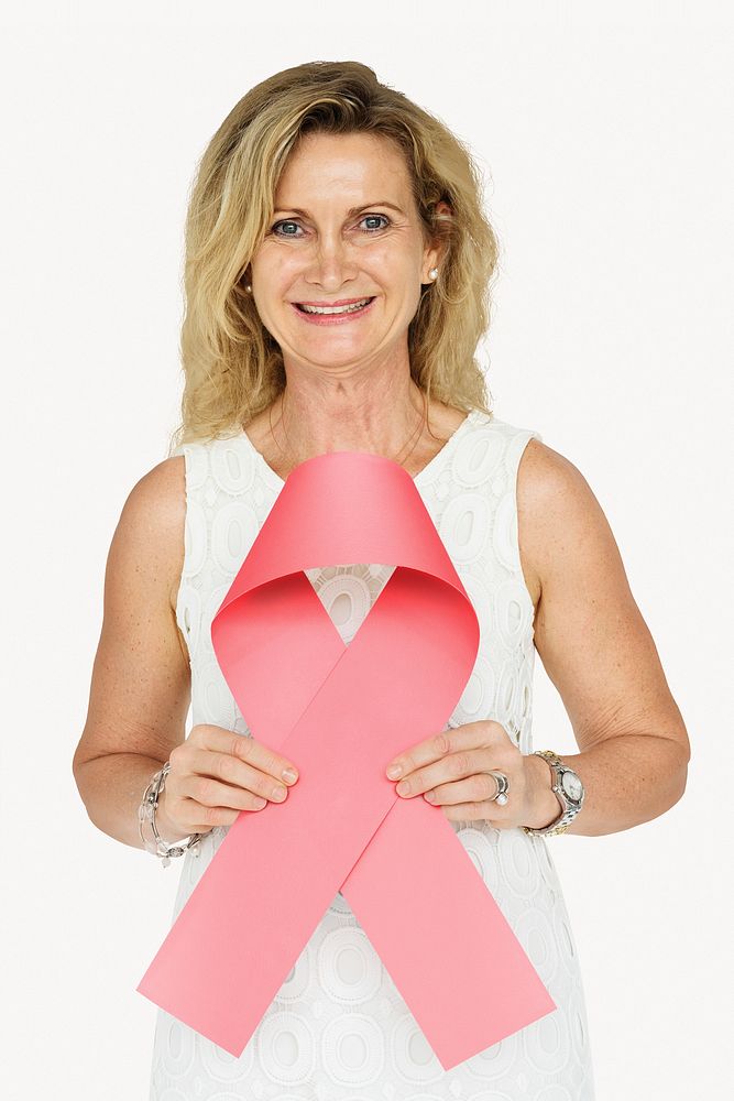 Woman holding cancer awareness ribbon, off white design