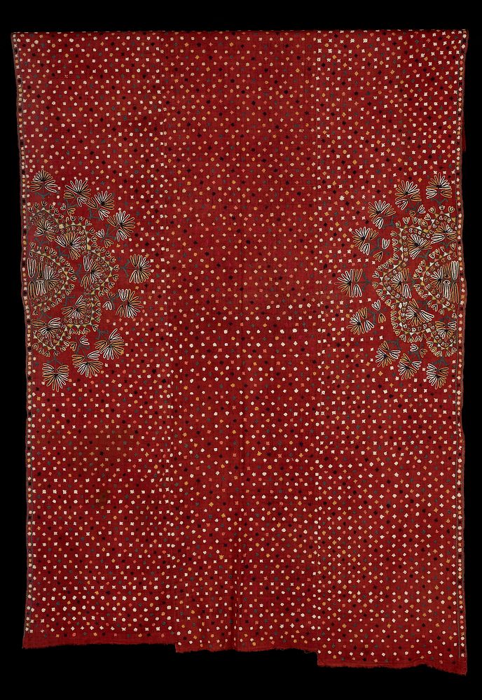Pulchari (woman's veil); dull red embroidered with all-over star design and semi-circular floral designs at sides.. Original…
