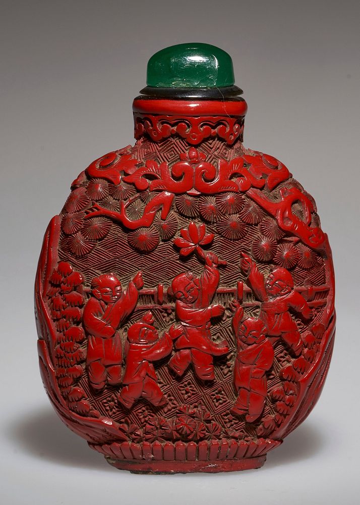 cinnabar lacquer, red; green glass top; beautifully carved; children celebrating a fete. Original from the Minneapolis…