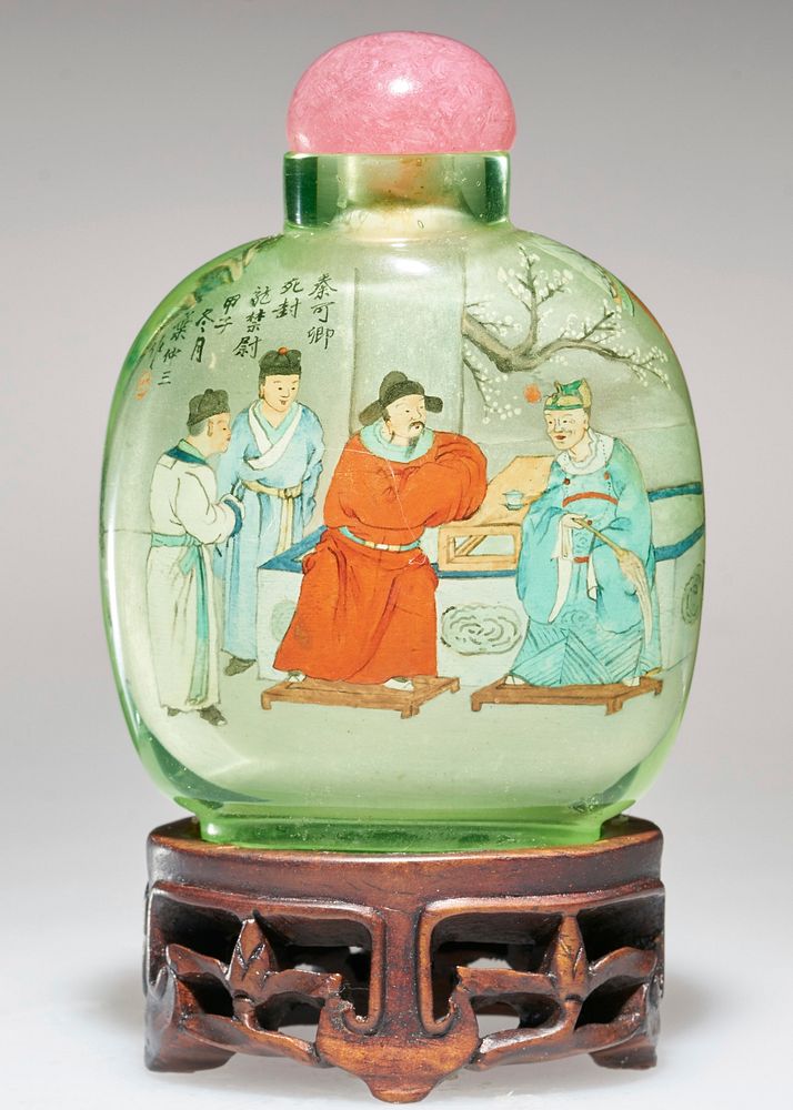 rose quartz top; green glass, hand-painted inside; figures and landscape. Original from the Minneapolis Institute of Art.
