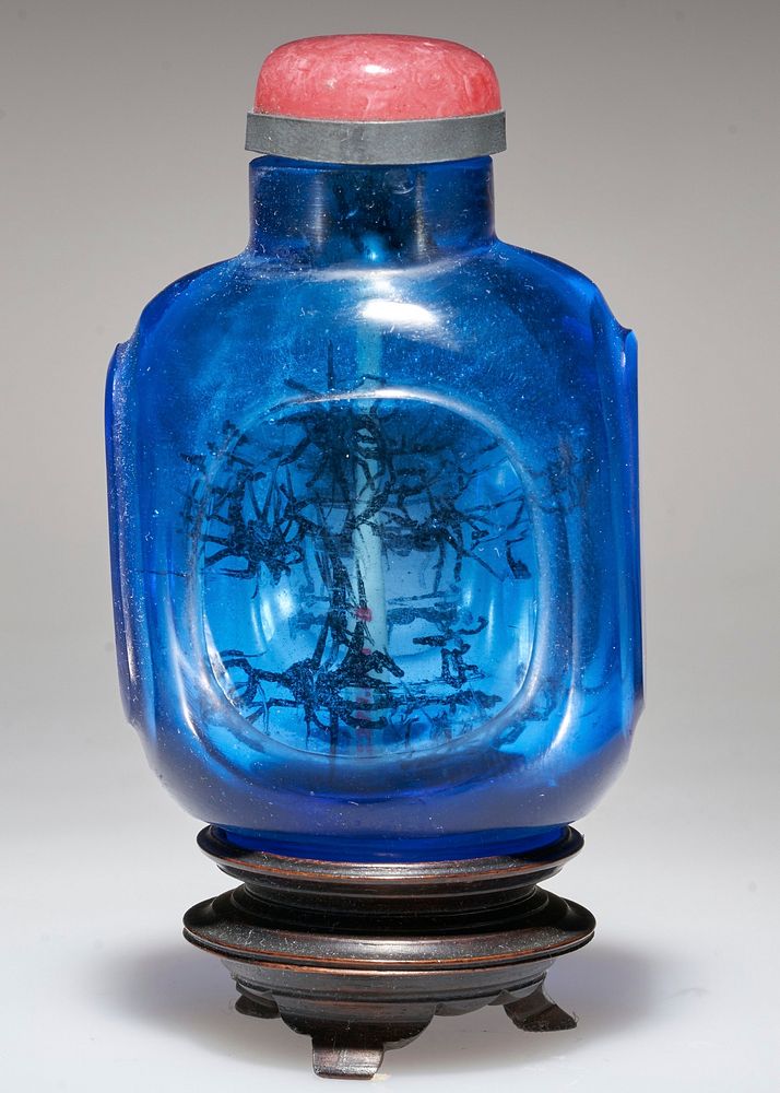 blue glass; pink glass top; carved; painted inside black. Original from the Minneapolis Institute of Art.