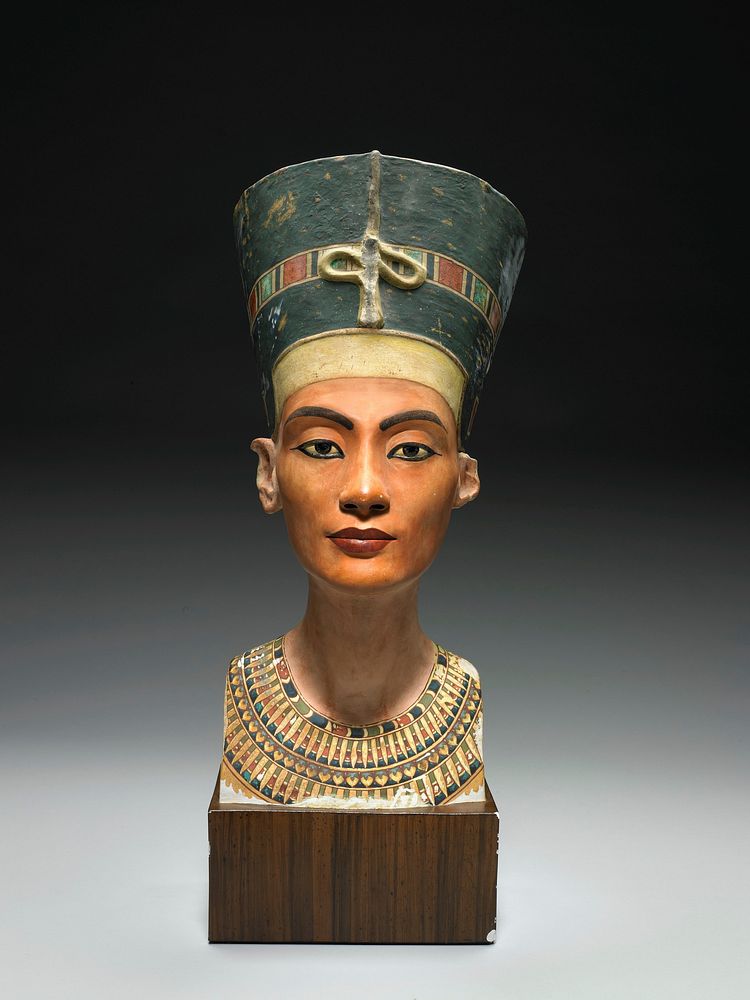 Bust of Queen Nefertete, colored, facsimile of painted limestone portrait head in the Neues Museum in Berlin.; Original of…