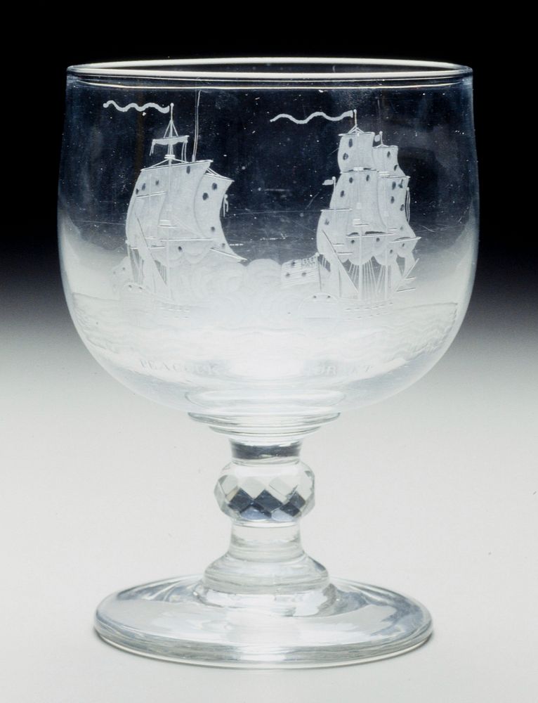 Goblet with round foot and short baluster stem with faceted knop, engraves with battle of the Peacock and the Hornet (two…