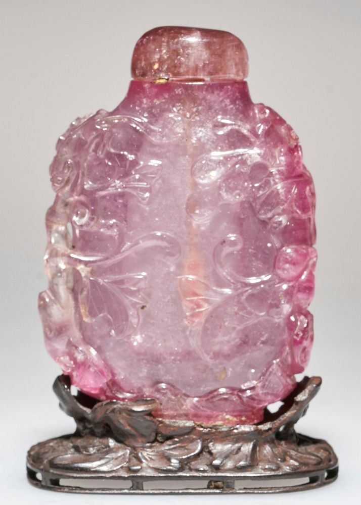 Snuff bottle, tourmaline, large, with tourmaline stopper and stand.. Original from the Minneapolis Institute of Art.