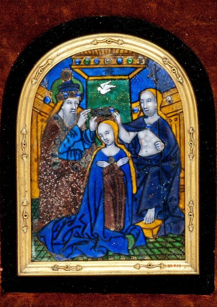 Coronation of the Virgin. Virgin, brown dress, blue cape, yellow hair. God the Father, lighter blue dress, brown jeweled…