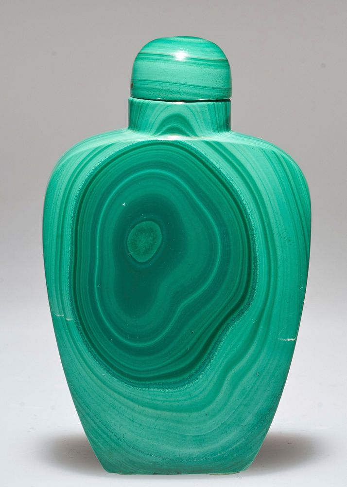 Snuff bottle, green malachite showing wavy pattern of light and dark stripes. Malachite top; stand.. Original from the…