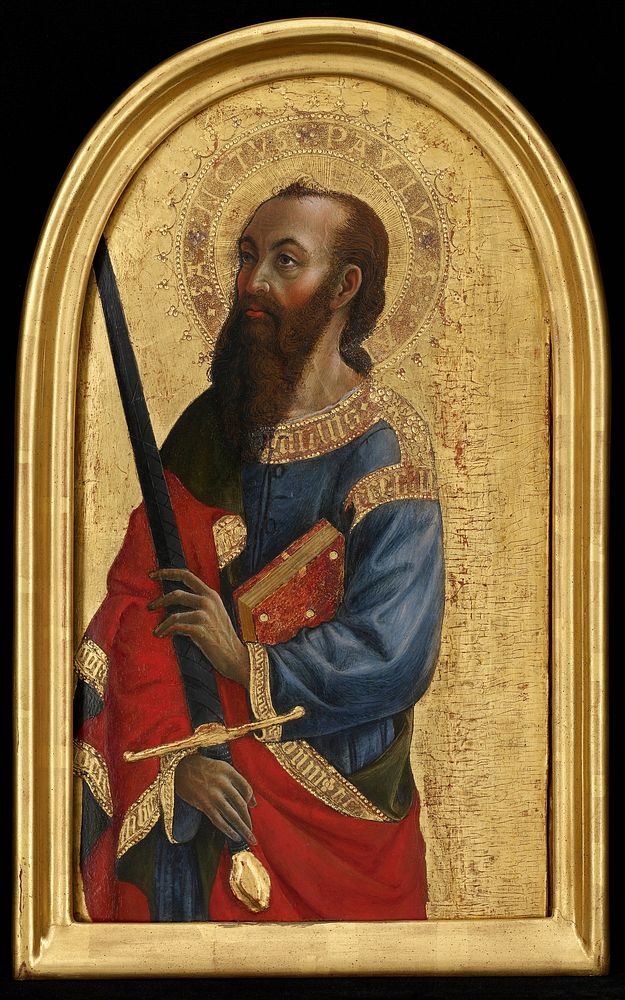 a pair with Saint Sirus (66.37.1); probably they were the lateral wings of a triptych dedicated to the Virgin Mary; arched…