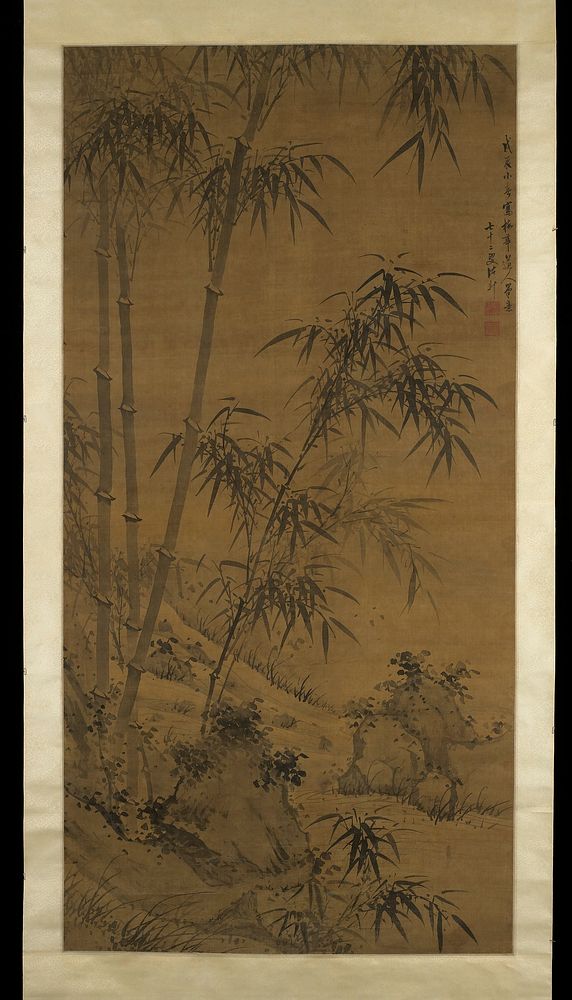 tall bamboo stalks with leaves growing next to a stream with rocks at LL and R side near bottom; wood roller. Original from…