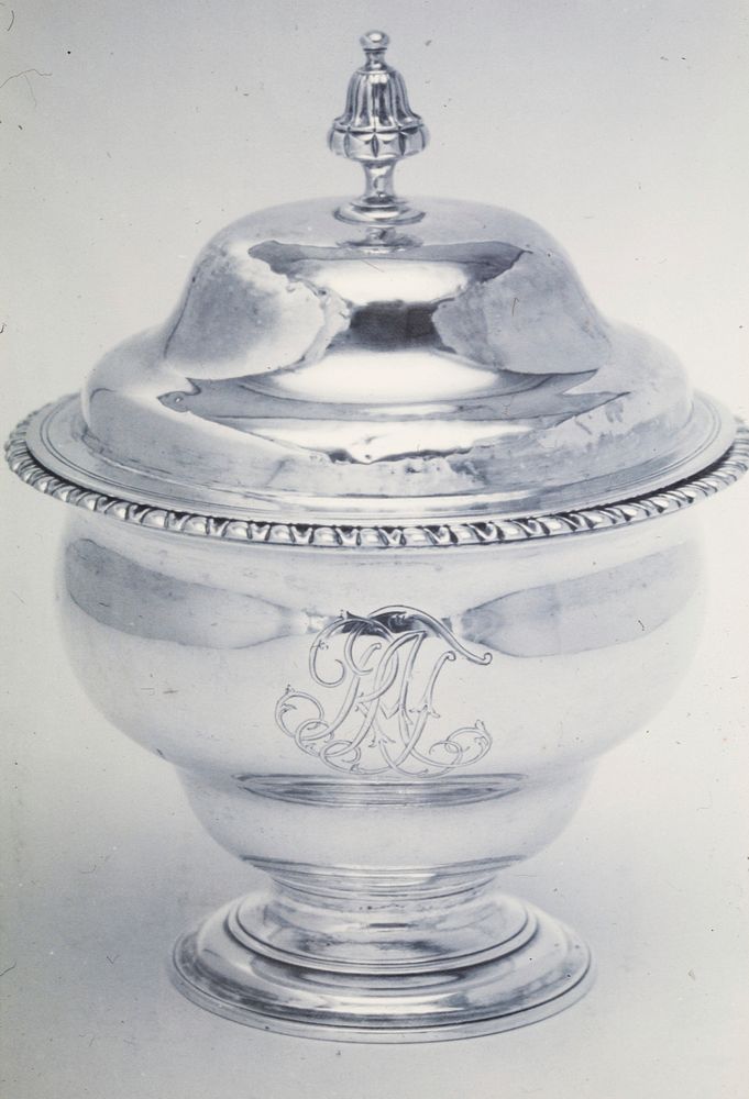sugar bowl, inverted pear shape, with cover; narrow band of gadrooning at rim and monogram on side. Original from the…