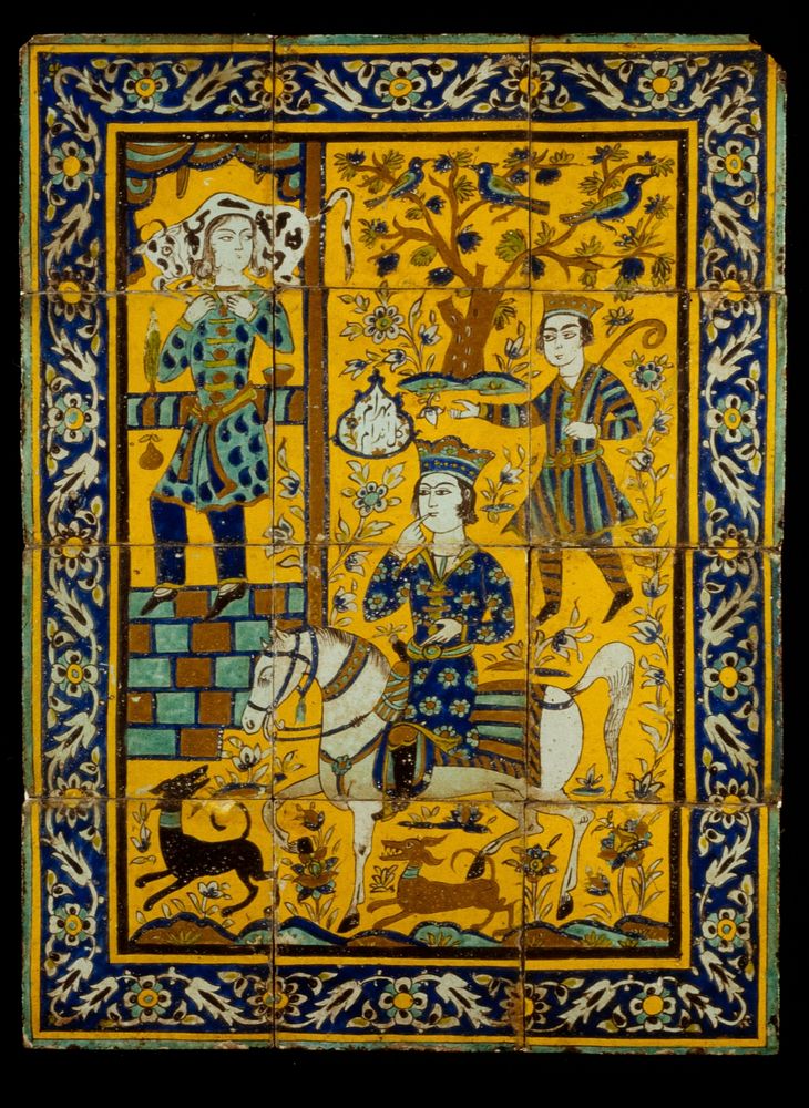 Tiled Painting Depicting the Story of Bahram Gur and Fitna from the Book of Kings. Twelve tiles mounted together. Original…