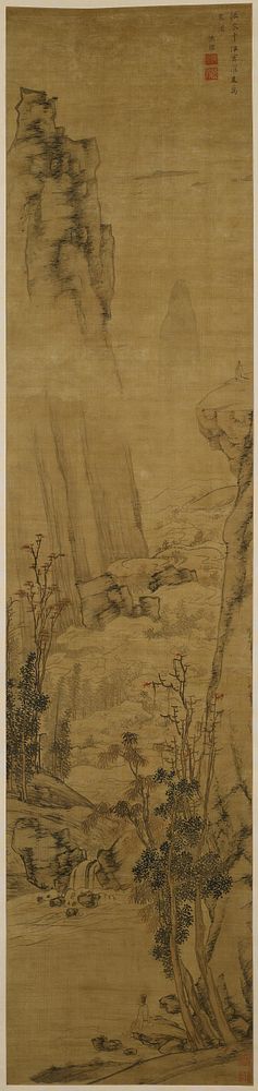 towering rock at L top; figure at R standing on a high plateau; rushing water at bottom; figure with bare legs and feet…