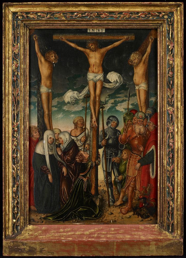 crucified Christ at center; Mary Magdalene in green gown hugs bottom of cross; two crucified men flank Christ; two soldiers…