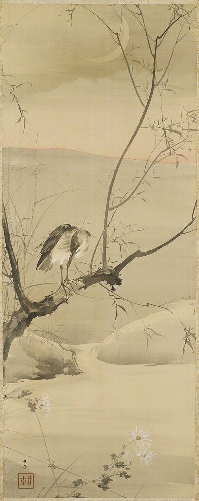 Bird, looking down toward LLC, perched on a thick branch; white flowers at bottom; pink twilight at horizon; crescent moon…