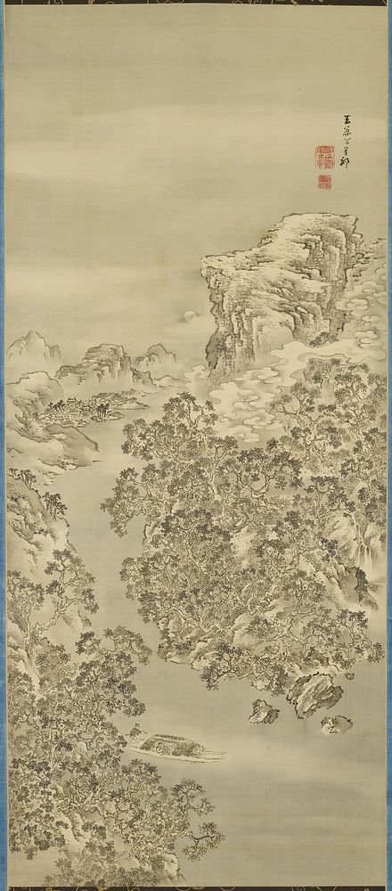 Boat with two passengers on calm, blue-grey water; dense trees on riverbanks; mountain peak in background at R; full moon or…