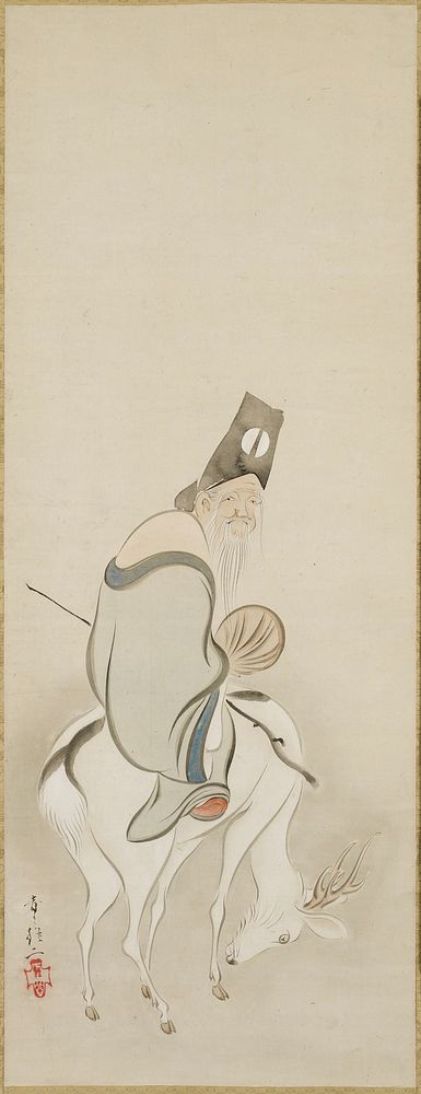 Old man with long white beard wearing black hat and pale blue garment, seated on a white deer with its head down; undefined…
