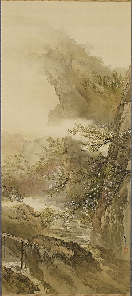 Rocky mountain landscape with blossoming trees at center in foreground, middle ground and background; river at LLC and…