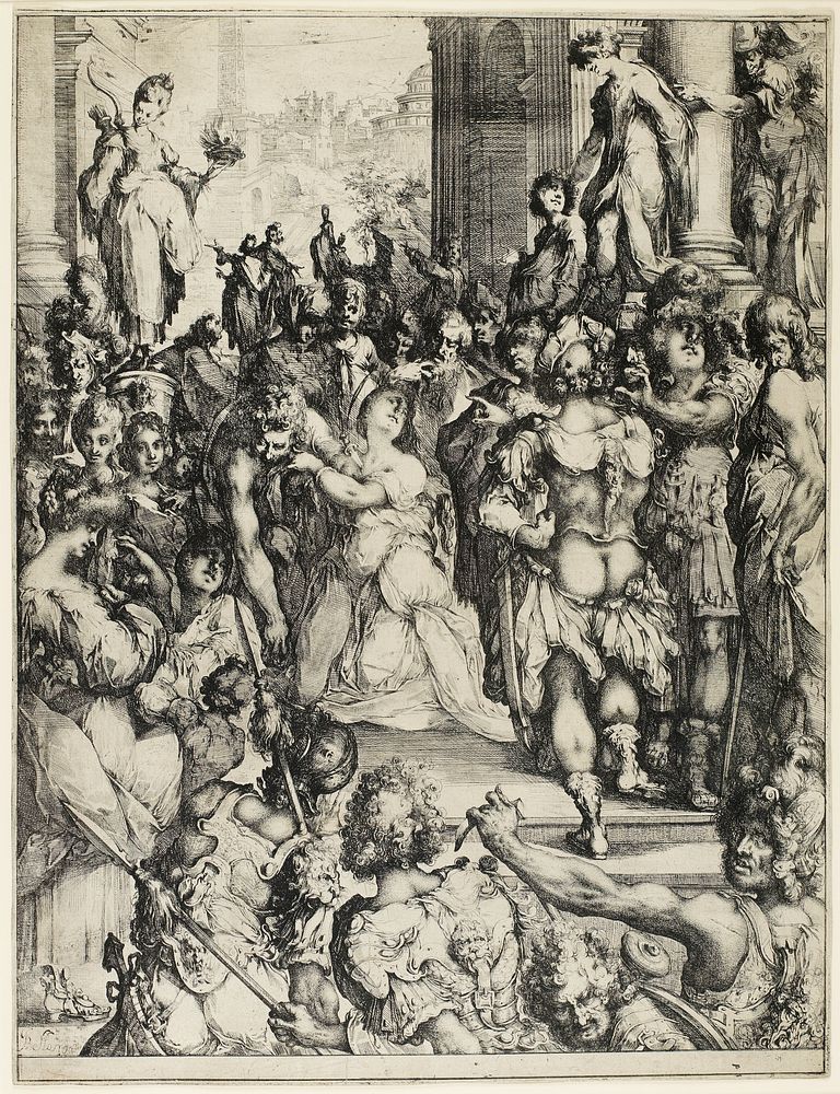 kneeling woman at center of image surrounded by various figures of men (some wearing armor garments) and some women at L;…